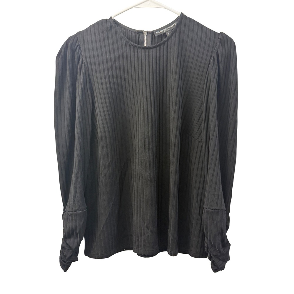 Allen Schwartz Black Ribbed Puff Sleeve Top Ruched Cuff Crew Neck 211X33Z L